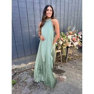 Abbey Glass Women’s Pleated Halter Flowy‎ Silky Maxi Dress Sz S